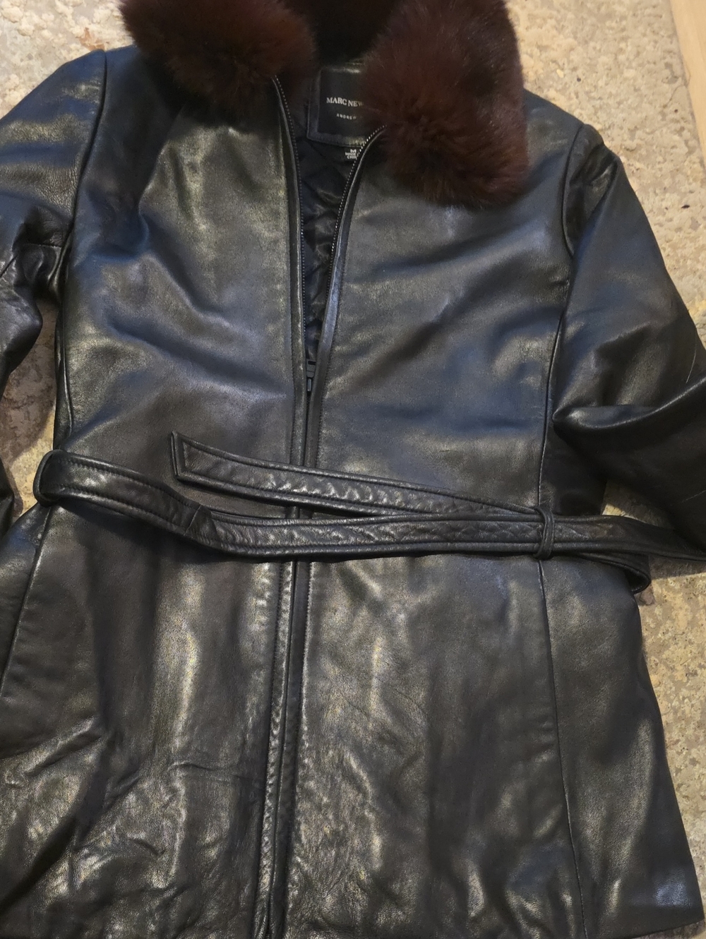 Marc New York Black Belted  Leather Jacket with Burgundy Fur Collar